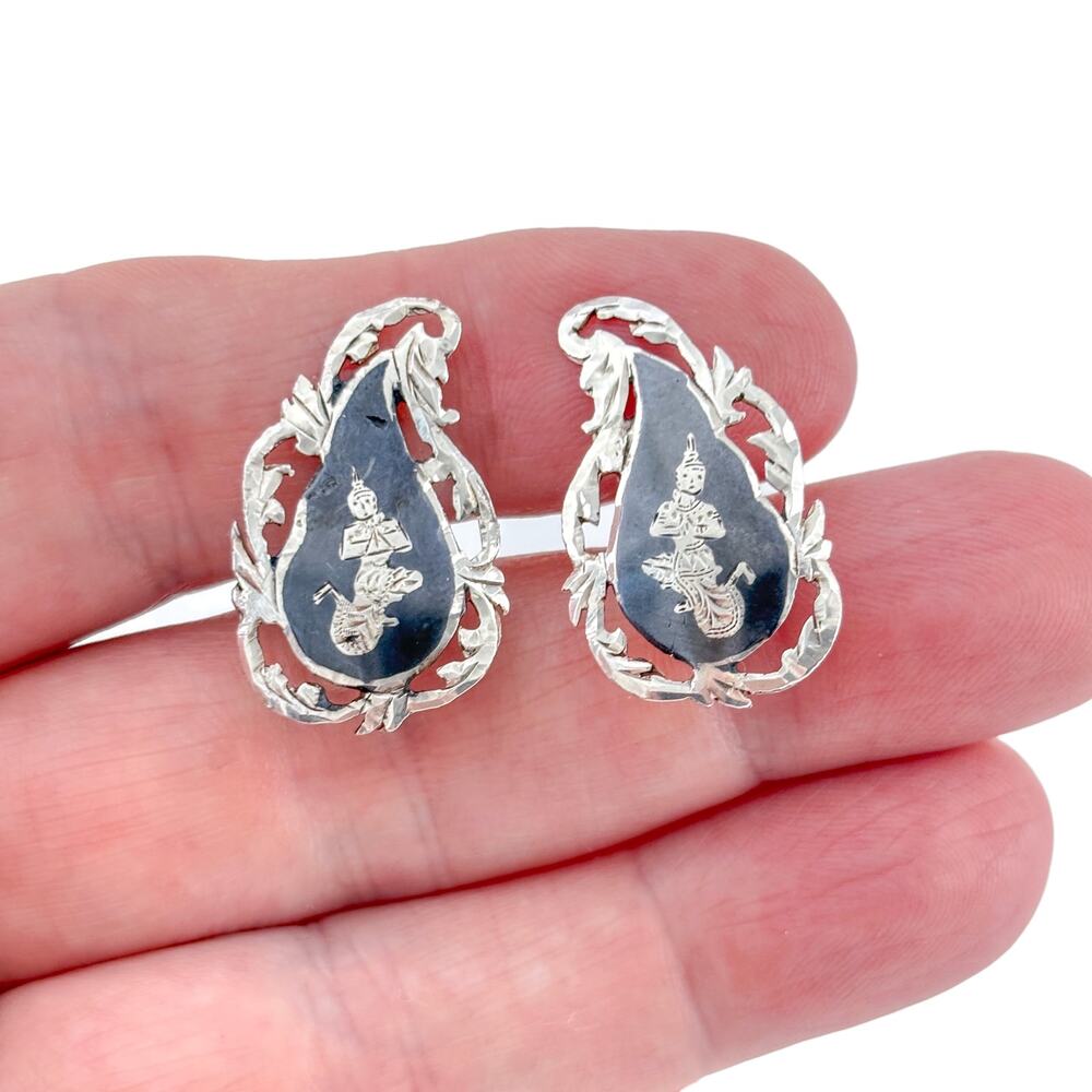 Vintage Sterling Silver 925 Siam Niello Dancer Screw Back Earrings